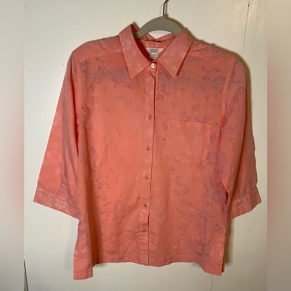 Christopher & Banks Women’s Sheer Salmon Button Front 3/4 Sleeve Top Size Small - Picture 1 of 6